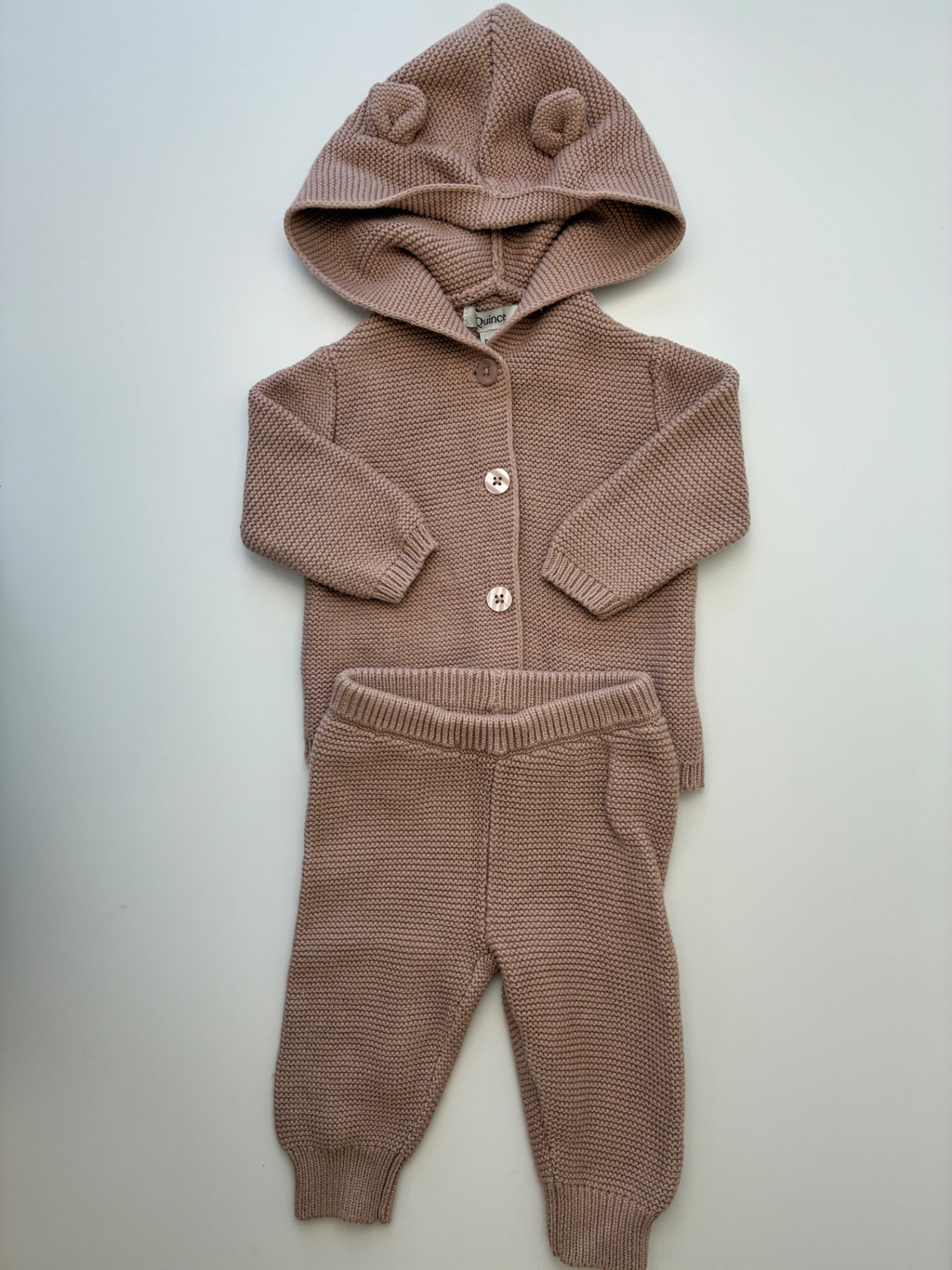 Quince 2 Piece Ensemble - Brown Knit Hooded Cardigan + Joggers | size 0 - 3 Months
