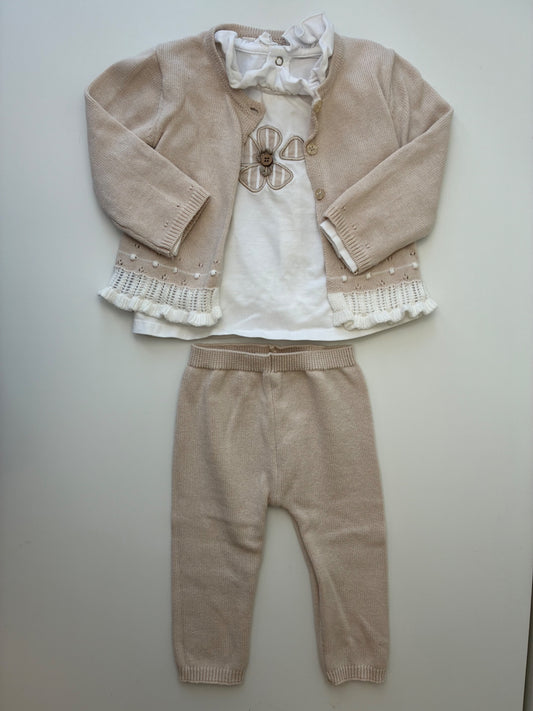 Mayoral 3 Piece Ensemble - Tan Flower Long Sleeve+ Cardigan + Knit Leggings | size 6 - 9 Months