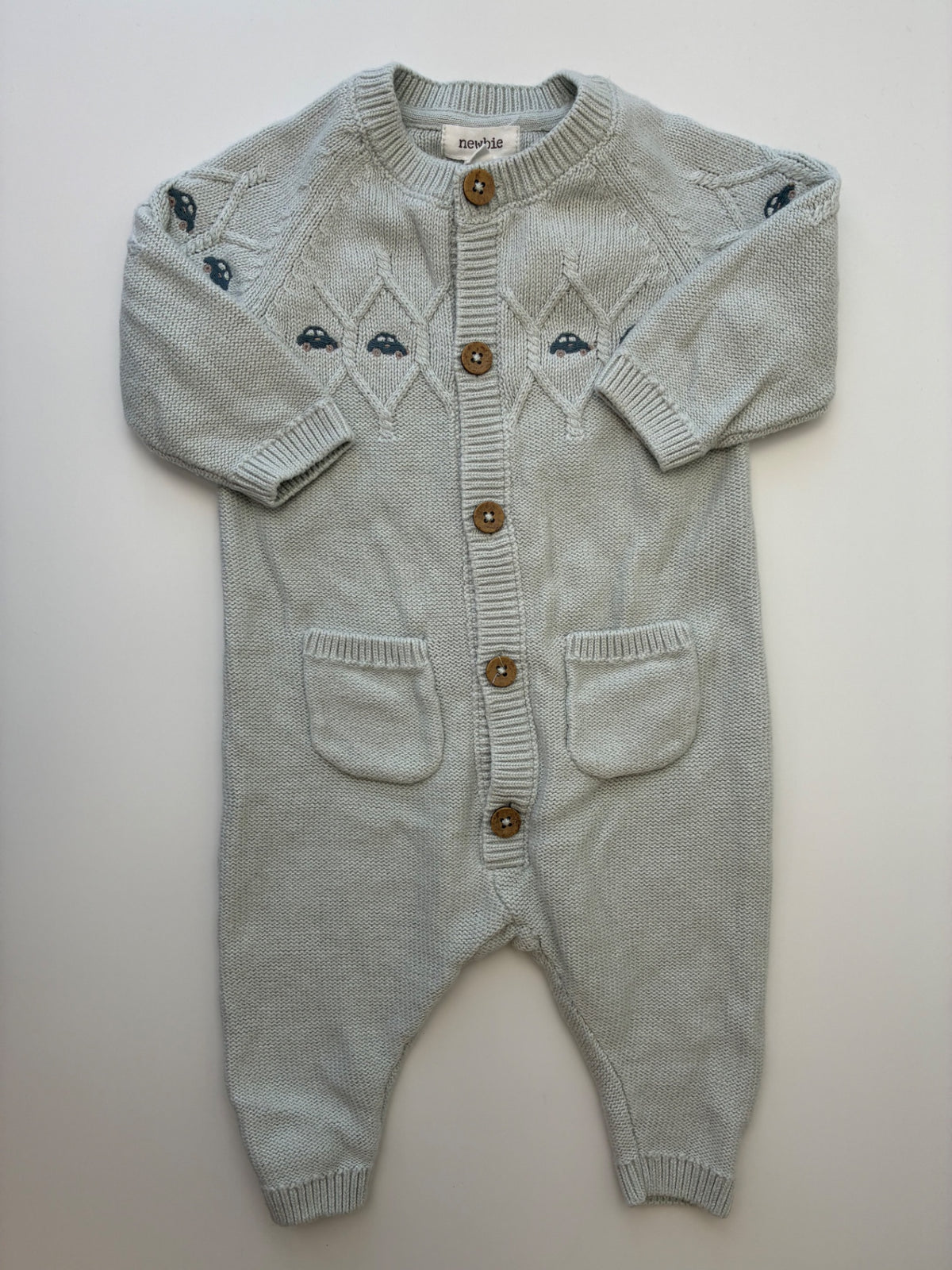 Newbie Onesie - Blue Knit + Cars | size 2 - 4 Months