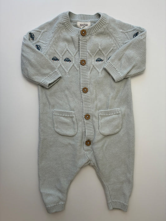 Newbie Onesie - Blue Knit + Cars | size 2 - 4 Months