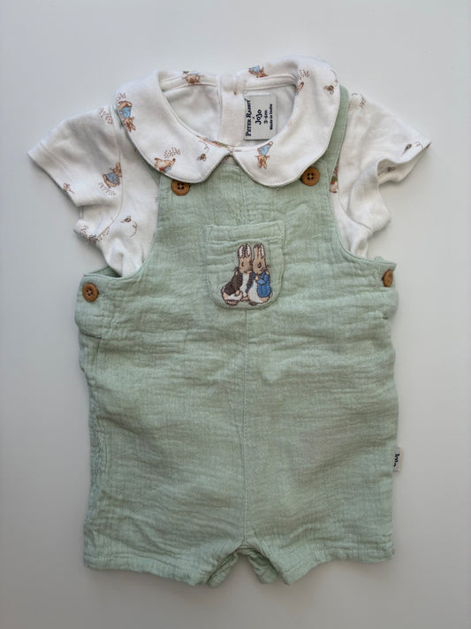 Peter Rabbit X Jojo 2 Piece Ensemble - Green Short Sleeve Onesie + Overalls | size 3 - 6 Months