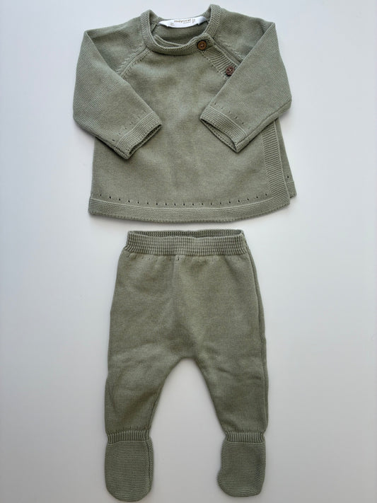 Mayoral 2 Piece Ensemble - Green 100% Cotton Knit Sweater + Leggings | size 0 Months