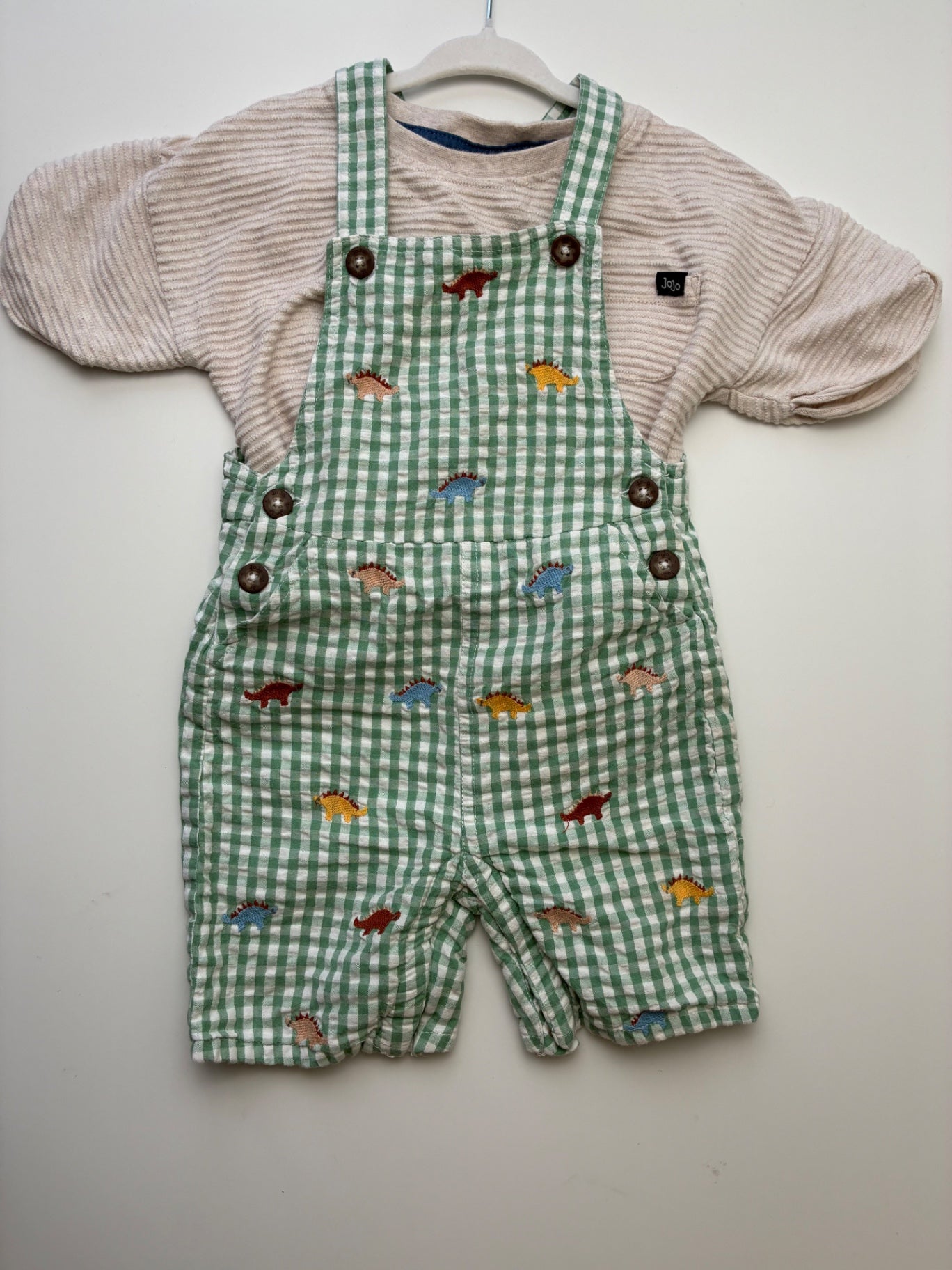 JoJo Maman Bebe 2 Piece Ensemble - T-Shirt + Dinosaur Embroidered Overall Shorts | size 18 - 24 Months