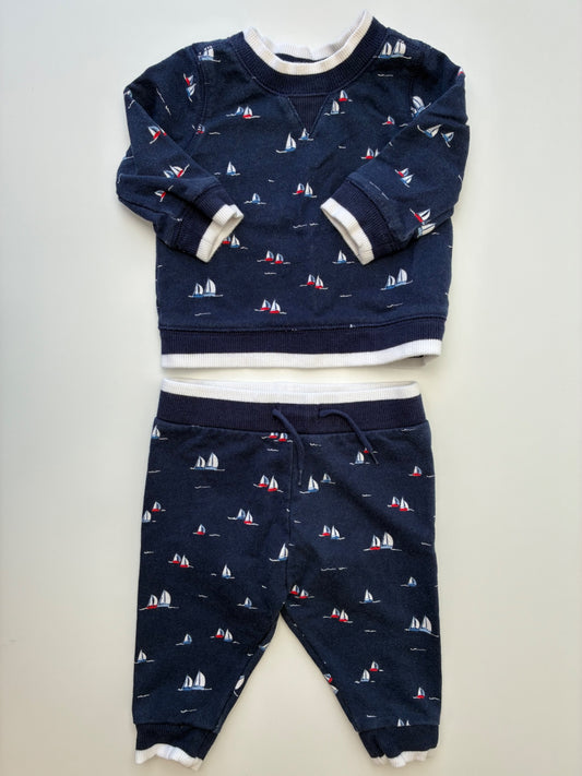 Janie and Jack 2 Piece Ensemble - Navy Blue Boats Crewneck + Joggers | size 3 - 6 Months