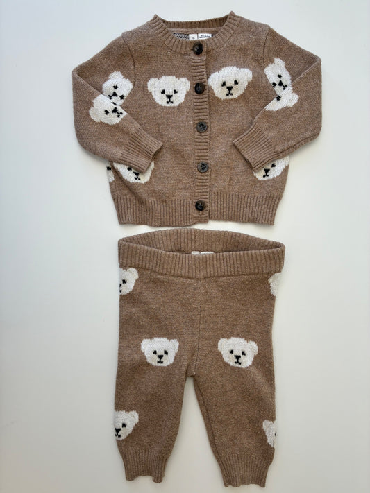 Janie and Jack 2 Piece Ensemble - Brown Bear Cardigan + Leggings | size 0 - 3 Months
