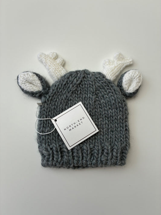 The Blueberry Hill Hat - Gray Knit Beanie w/ Antlers | size 0 - 3 Months