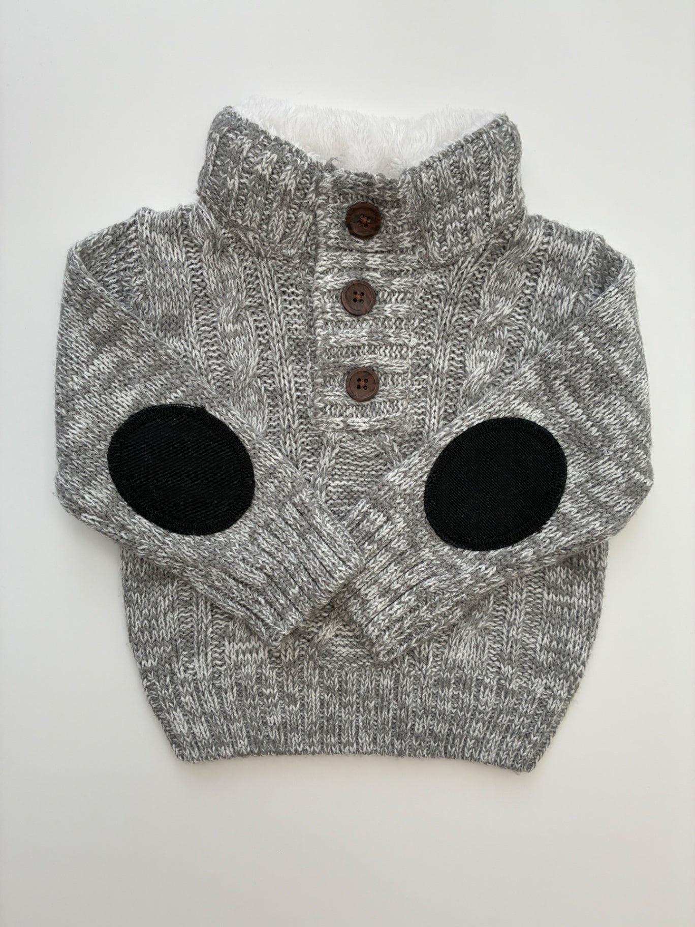 Little Lad Sweater - Gray Cable Knit Fur Collar | size 12 Months