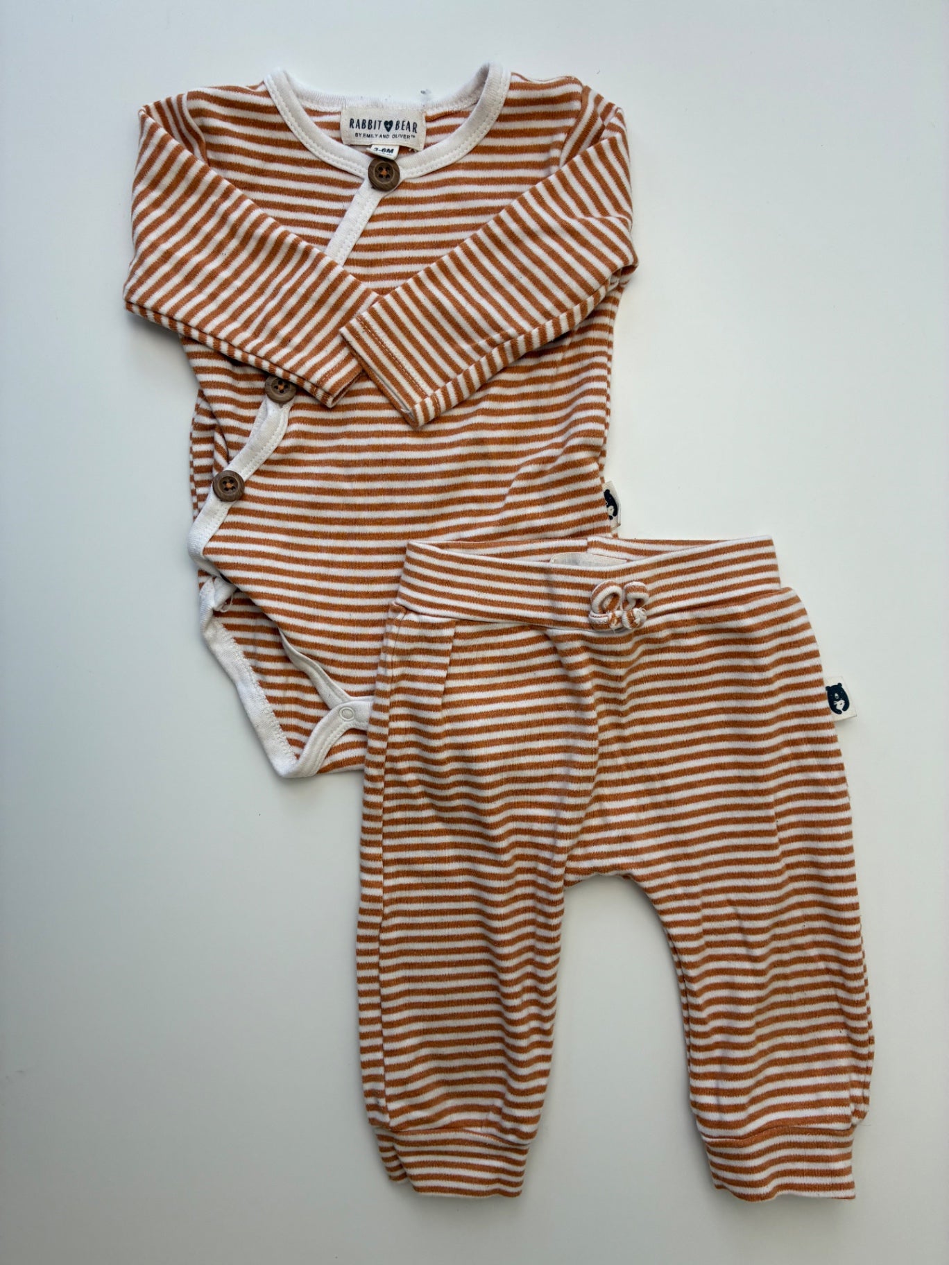Rabbit + Bear 2 Piece Ensemble - Yellow 100% Organic Cotton Striped Onesie + Leggings | size 3 - 6 Months