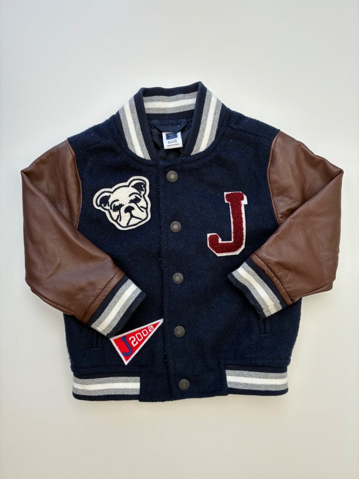 Janie and Jack Jacket - Navy Blue Leather Letterman Jacket | size 6 - 12 Months
