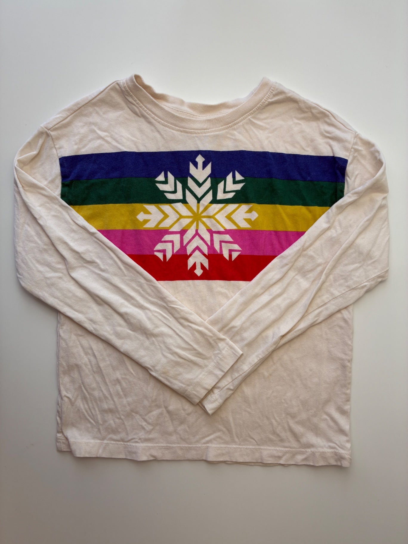 Hanna Andersson Long Sleeve T-Shirt - Cream Striped Snowflake | size 8