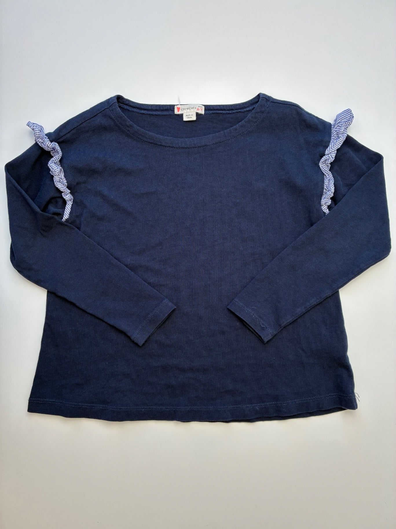 Crewcuts Long Sleeve T-Shirt - Navy Blue Striped Ruffle | size 6/7