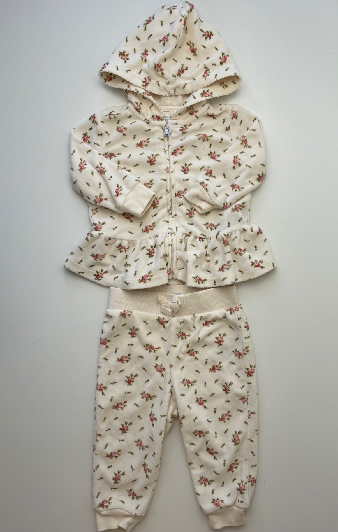 Ralph Lauren 2 Piece Ensemble - Cream Floral Velour Zip Up Hoodie + Jogger | size 9 Months