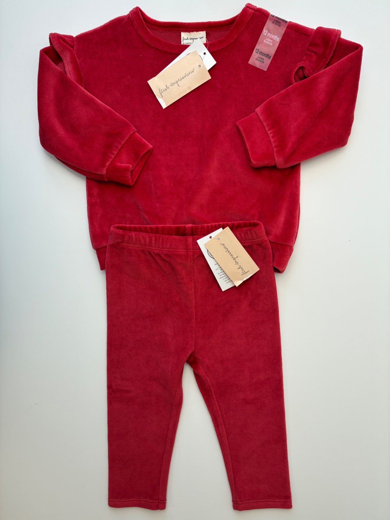 First Impressions 2 Piece Ensemble - Red Velour Crewneck + Pants | size 12 Months