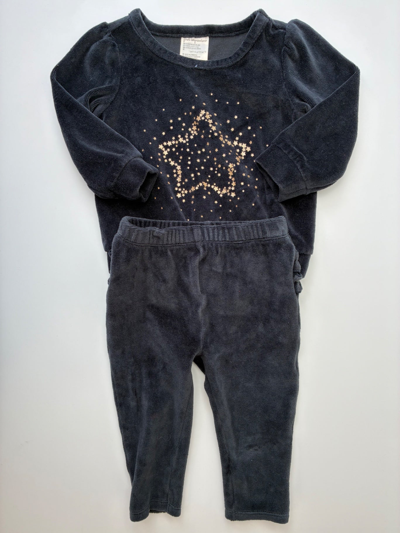 First Impressions 2 Piece Ensemble - Black Fleece Sweatshirt + Pants | size 12 Months
