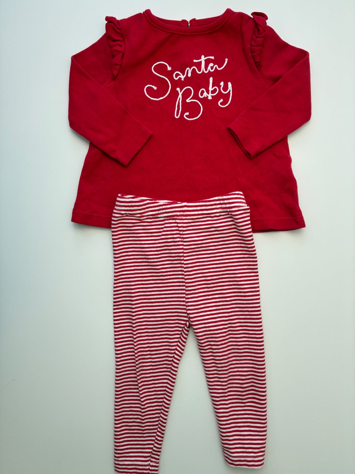Adventurewear 360 2 Piece Ensemble - Red Santa Baby Long Sleeve + Striped Leggings | size 9 Months