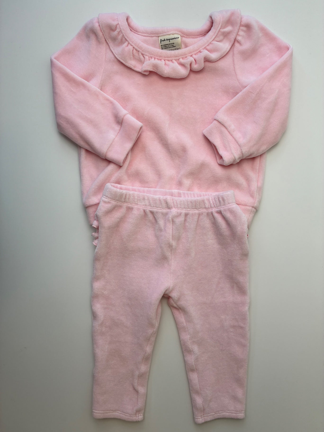 First Impressions 2 Piece Ensemble - Pink Velour Ruffle Crewneck + Pants | size 12 Months