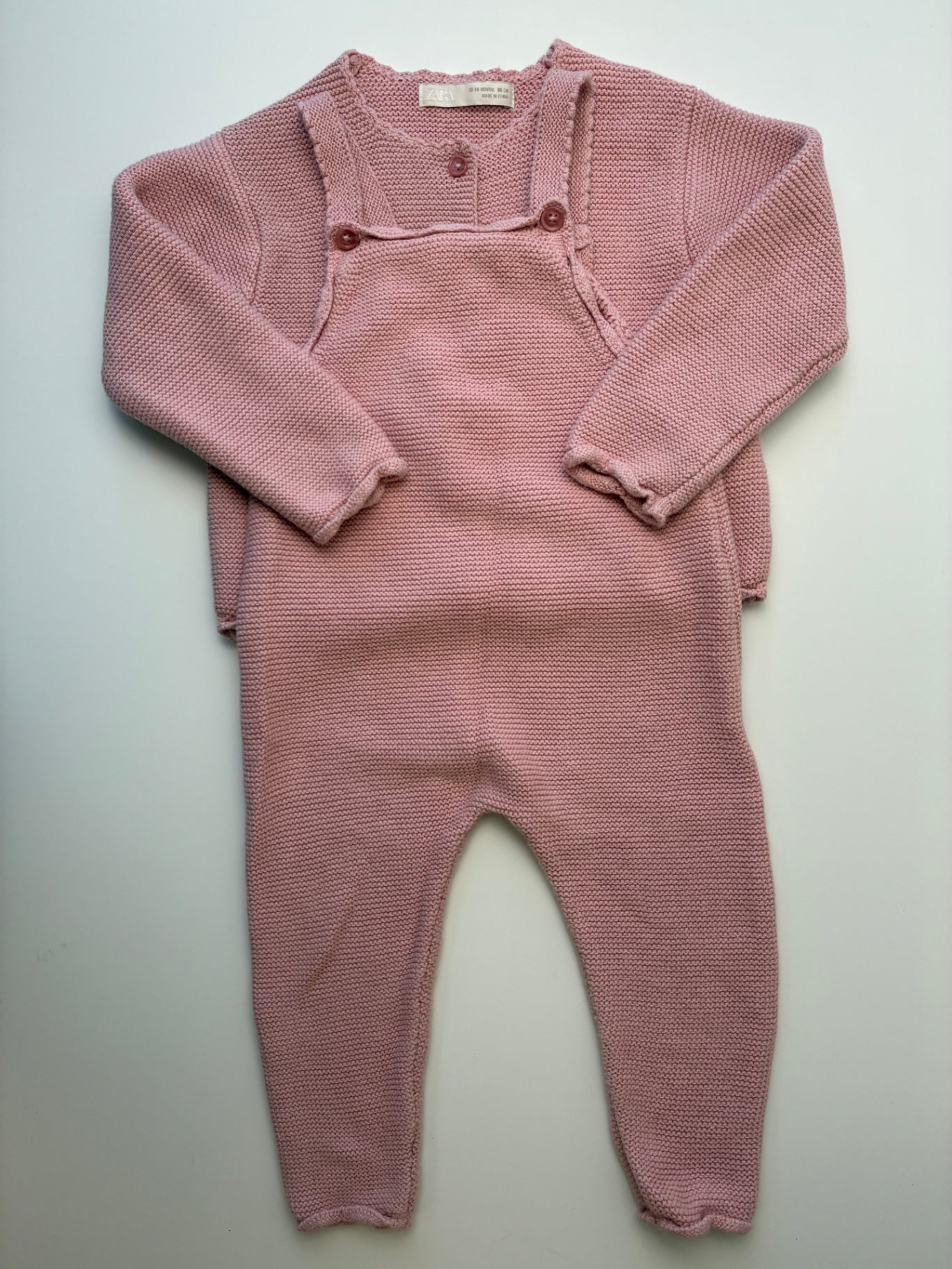 Zara 2 Piece Ensemble - Pink Knit Cardigan + Overalls | size 12 - 18 Months