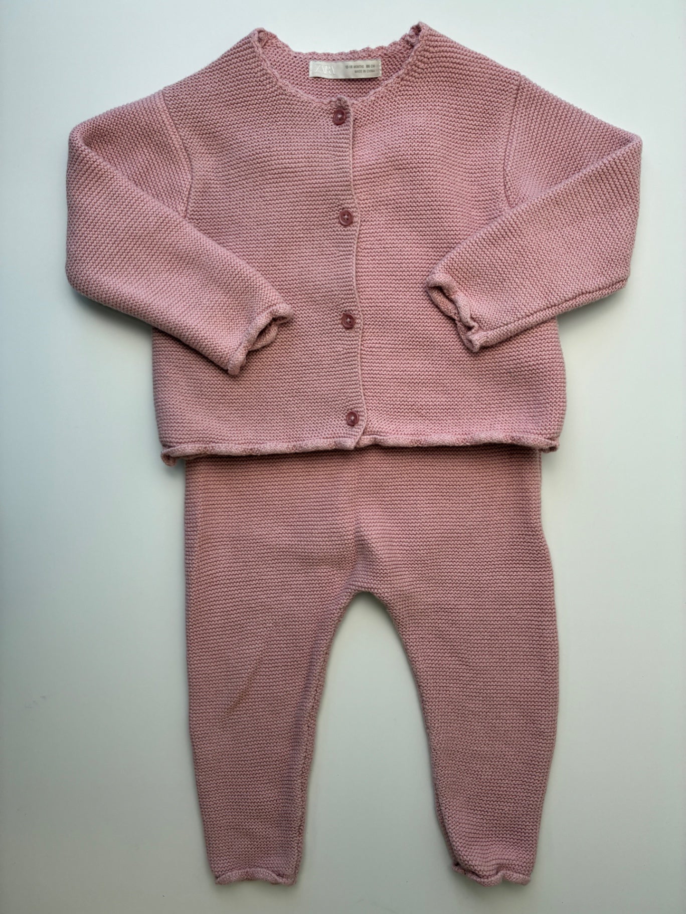 Zara 2 Piece Ensemble - Pink Knit Cardigan + Overalls | size 12 - 18 Months
