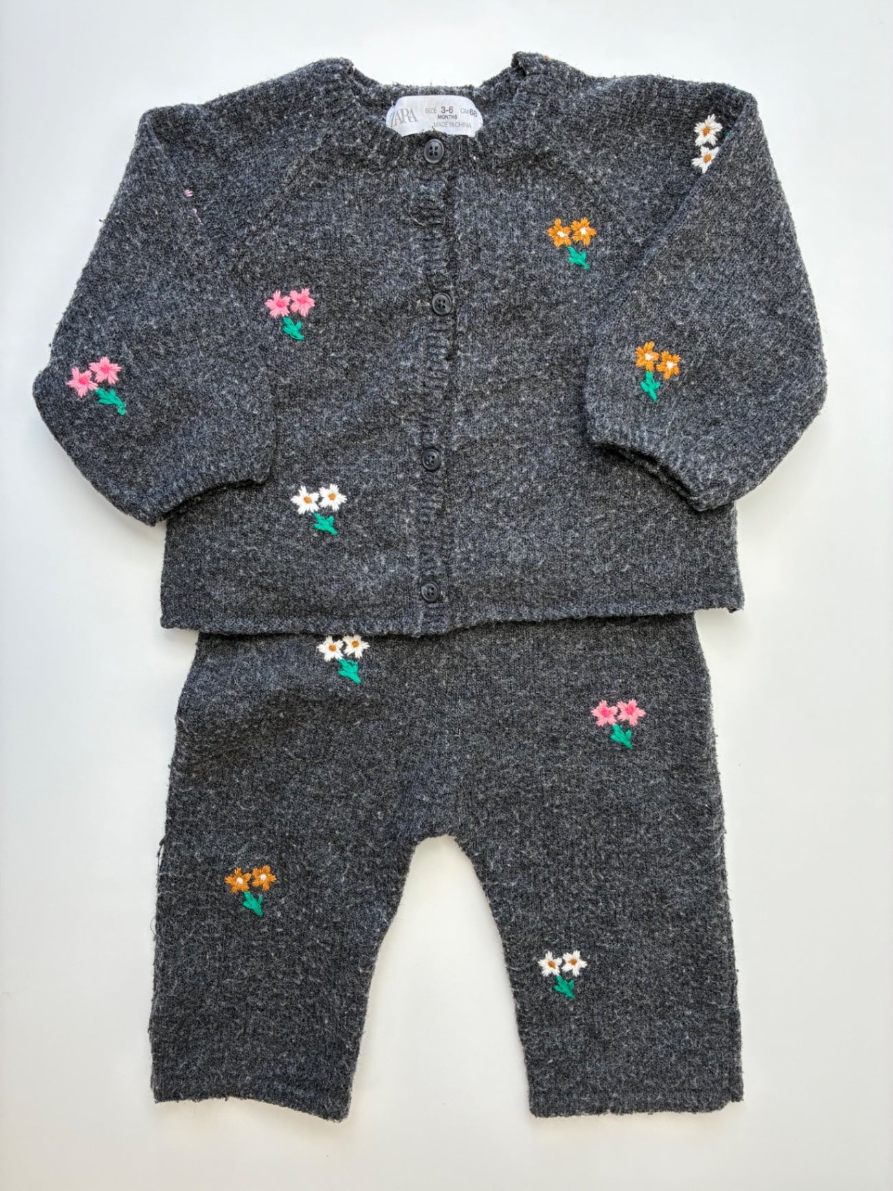Zara 2 Piece Ensemble - Gray Embroidered Cardigan + Overalls | size 3 - 6 Months