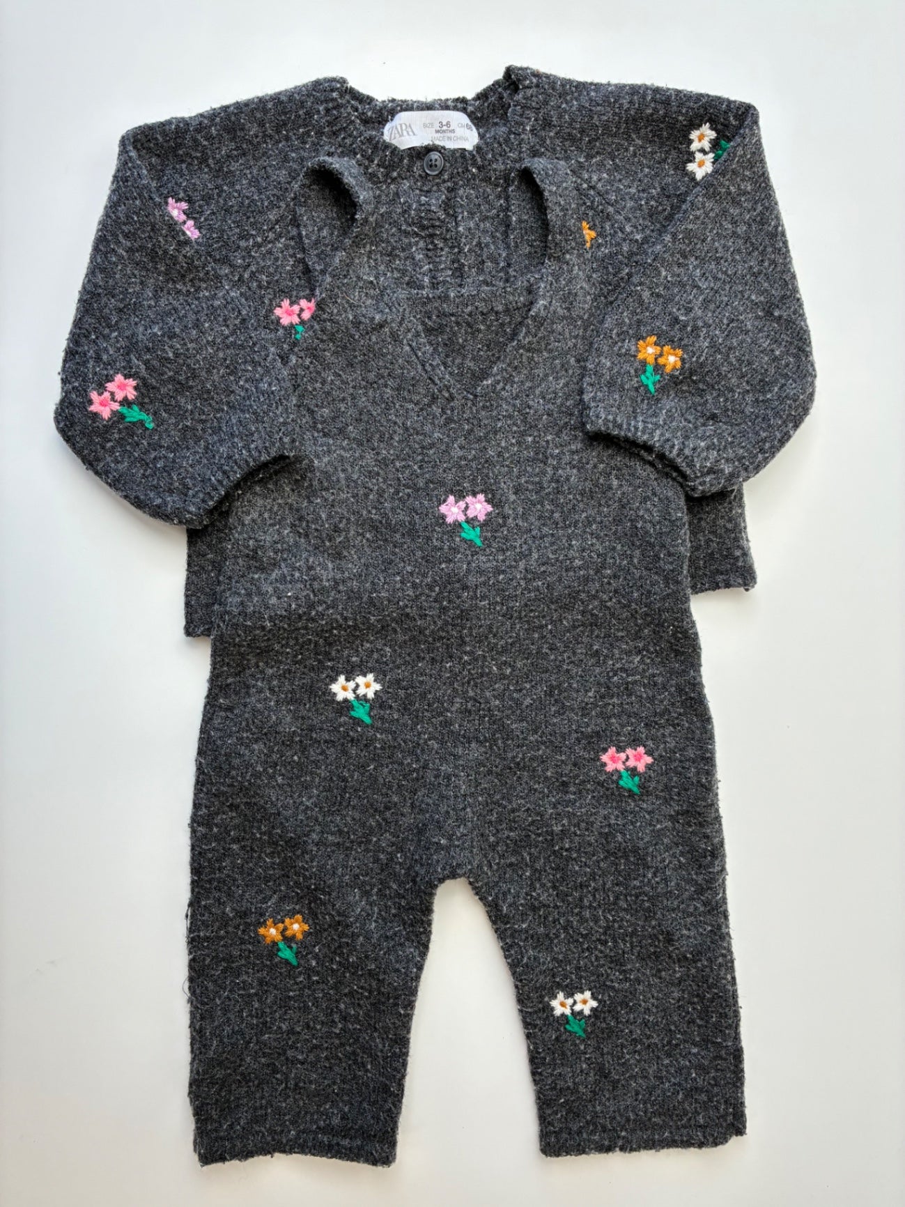 Zara 2 Piece Ensemble - Gray Embroidered Cardigan + Overalls | size 3 - 6 Months