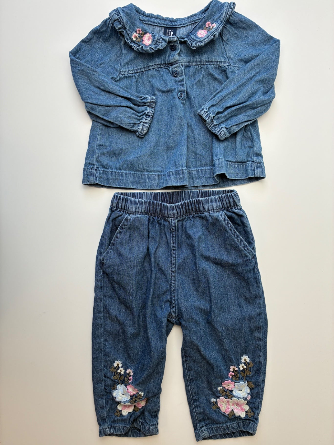 Baby Gap 2 Piece Ensemble - Blue Chambray Long Sleeve + Embroidered Pants | size 12 - 18 Months