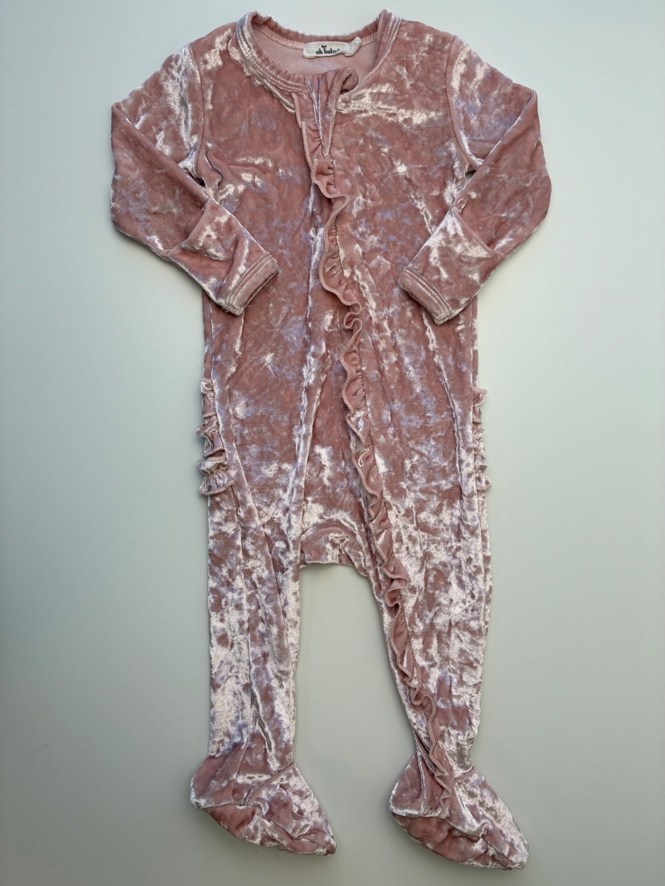 Oh Baby Onesie - Pink Crushed Velvet Zipper Footie | size 9 Months