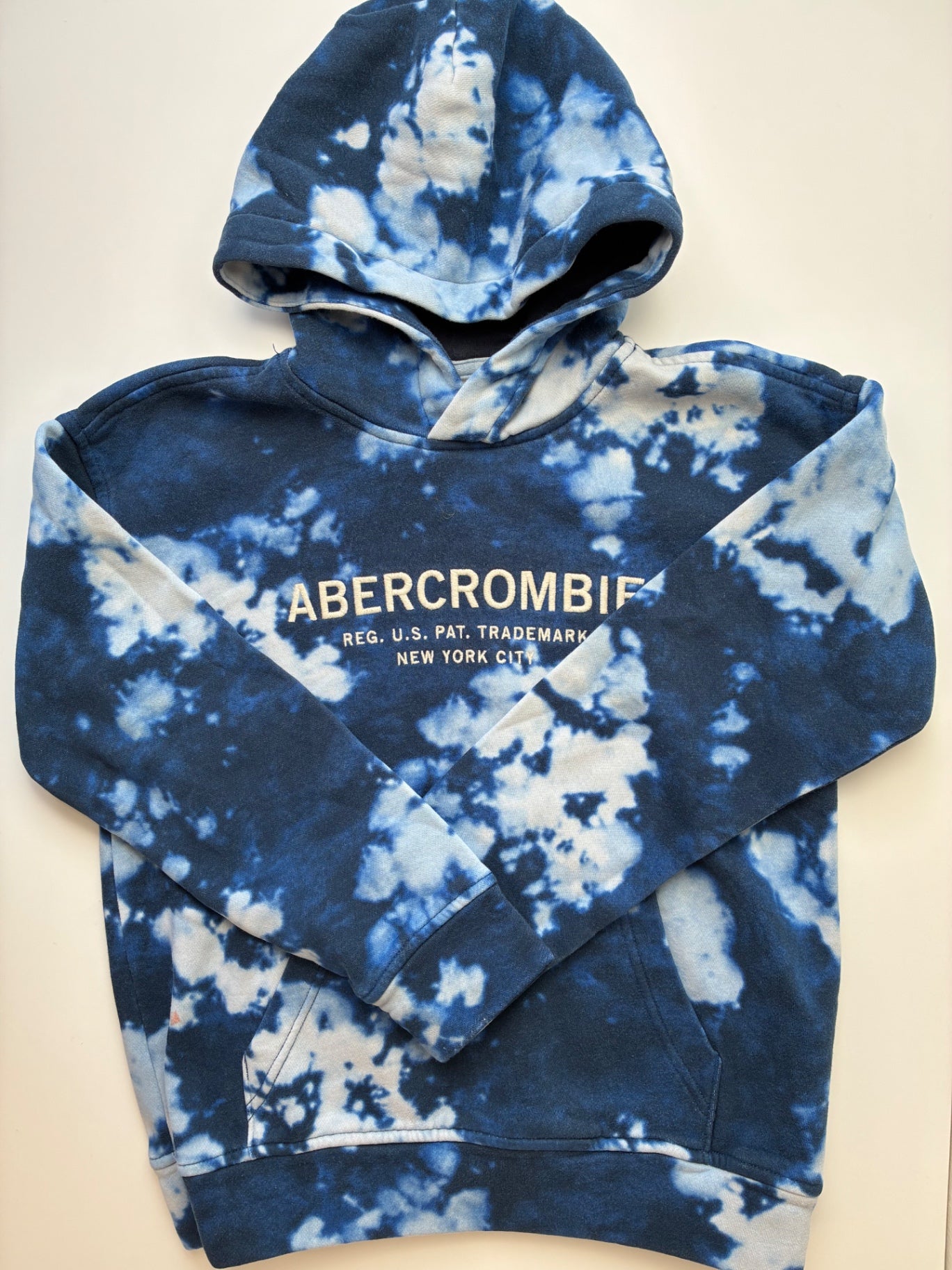 Abercrombie Kids Sweatshirt - Navy Blue Tie Dye Logo Hoodie | size 9/10