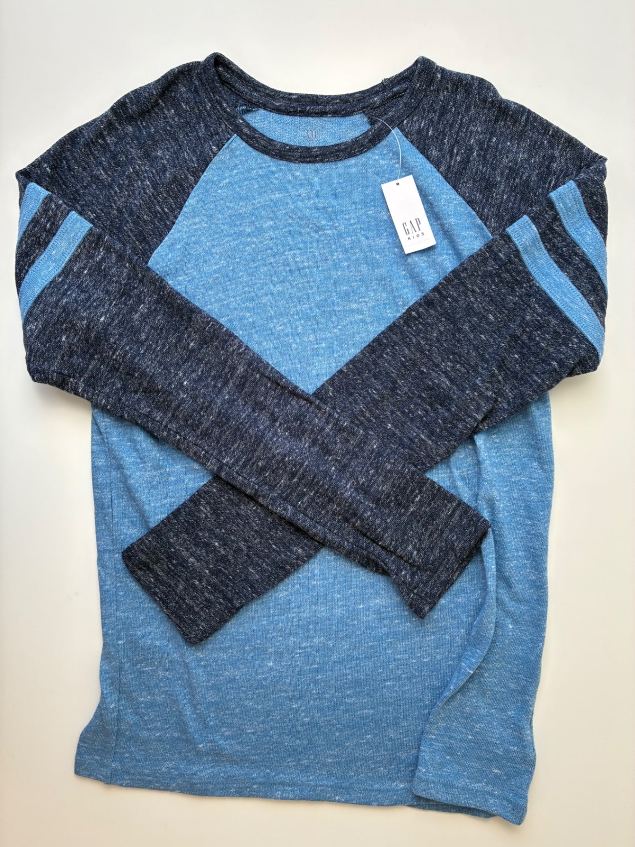 Gap Kids Long Sleeve T-Shirt - Blue Knit + Striped Sleeves | size 14/16