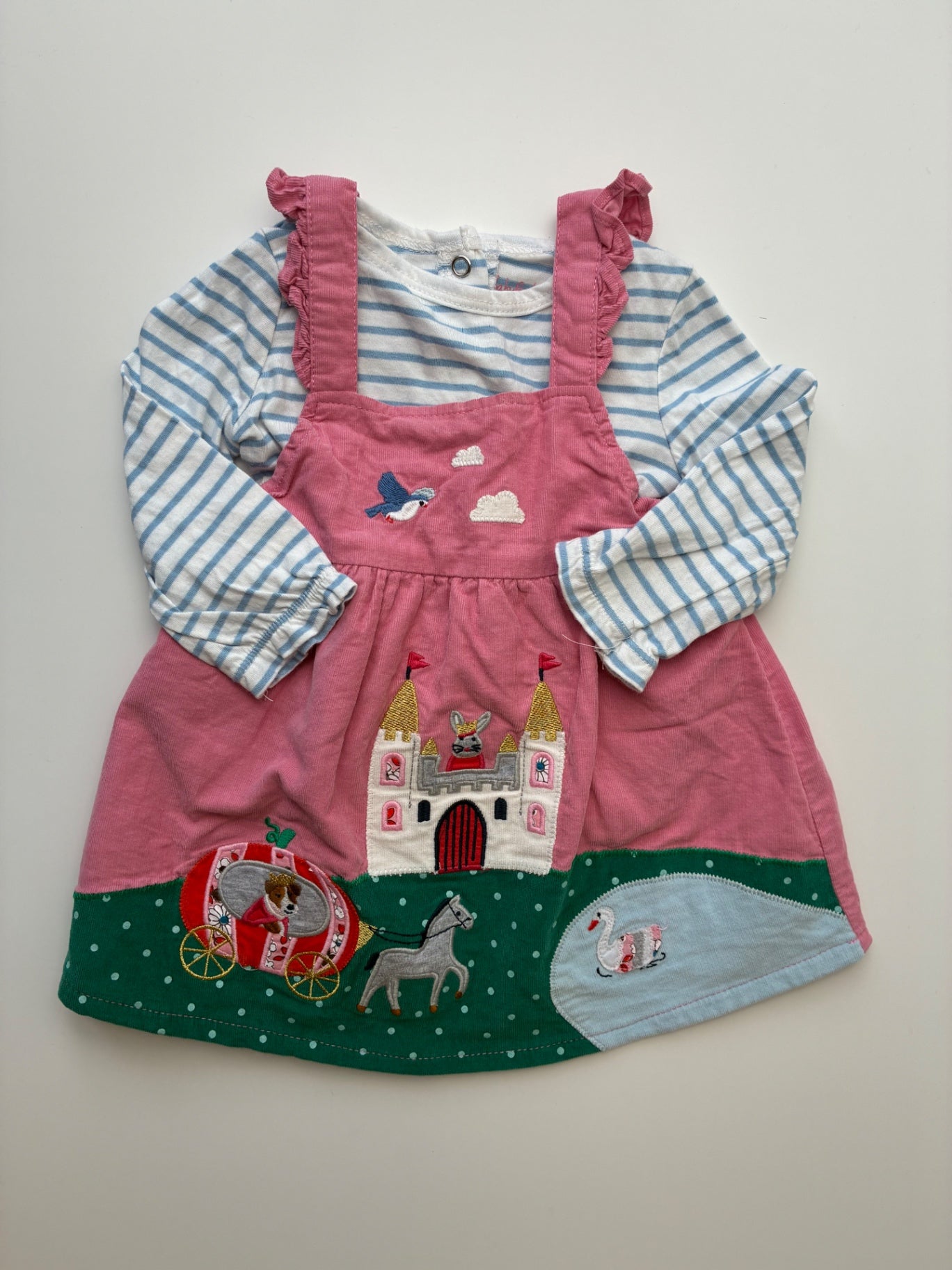 Baby Boden 2 Piece Ensemble - Pink Striped Long Sleeve + Corduroy Overall Dress | size 3 - 6 Months