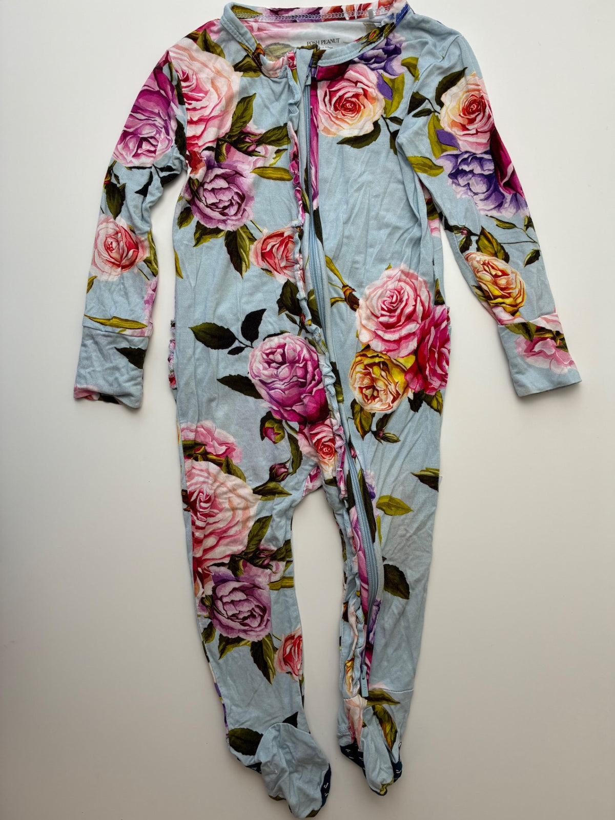 Posh Peanut Onesie - Blue Floral Ruffle Footie | size 18 - 24 Months