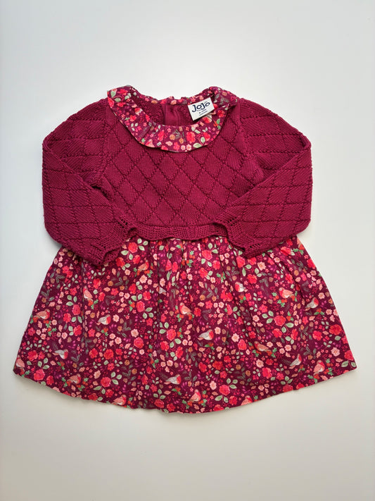 JoJo Maman Bebe Dress - Red Knit + Floral | size 6 - 12 Months