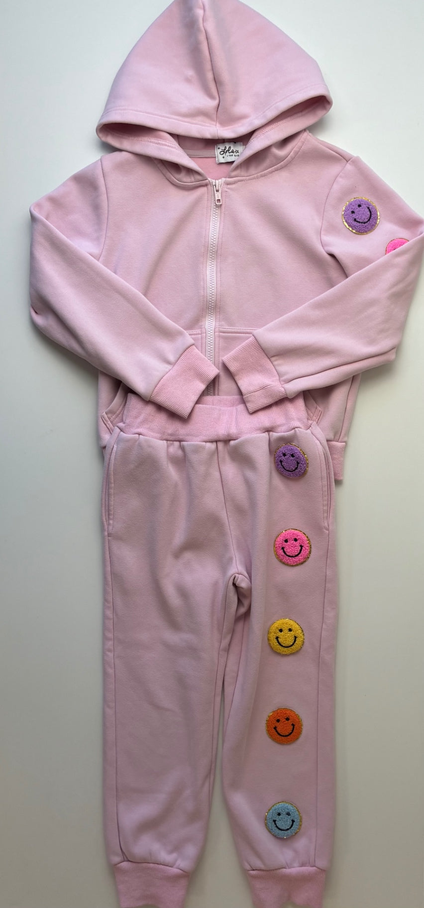 Lola & The Boys 2 Piece Ensemble - Pink Smiley Face Zip Up Hoodie + Joggers | size 8