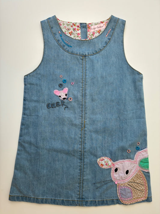 Colorful Childhood Dress - Blue Denim Pinafore Mouse Appliqué | size 5T