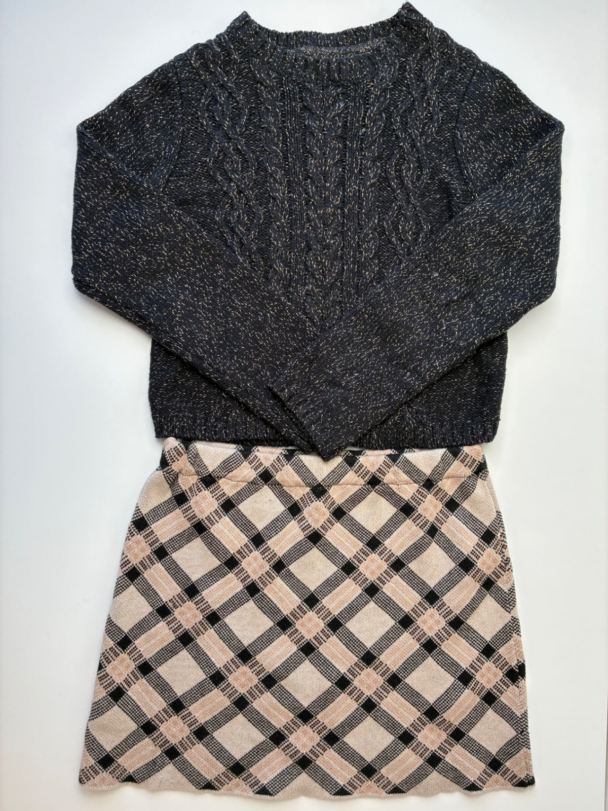 Cupcakes and Cashmere 2 Piece Ensemble - Black Metallic Knit Sweater + Plaid Skirt | size 7/8