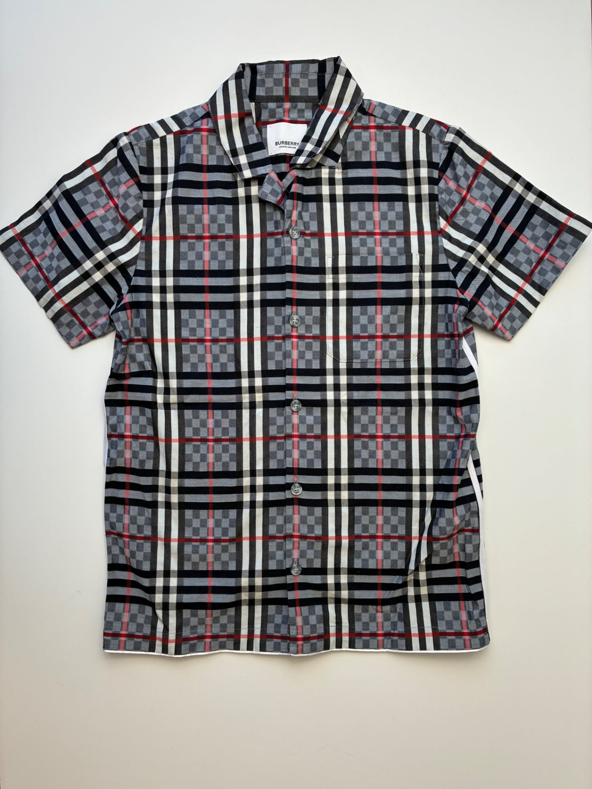 Burberry Shirt - Gray Short Sleeve Plaid Button Up | size 8
