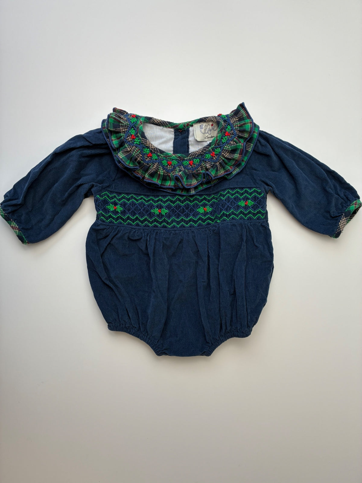 Elfie Onesie - Navy Blue 100% Cotton Corduroy Smocked | size 6 Months