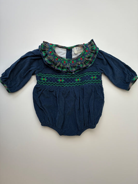 Elfie Onesie - Navy Blue 100% Cotton Corduroy Smocked | size 6 Months