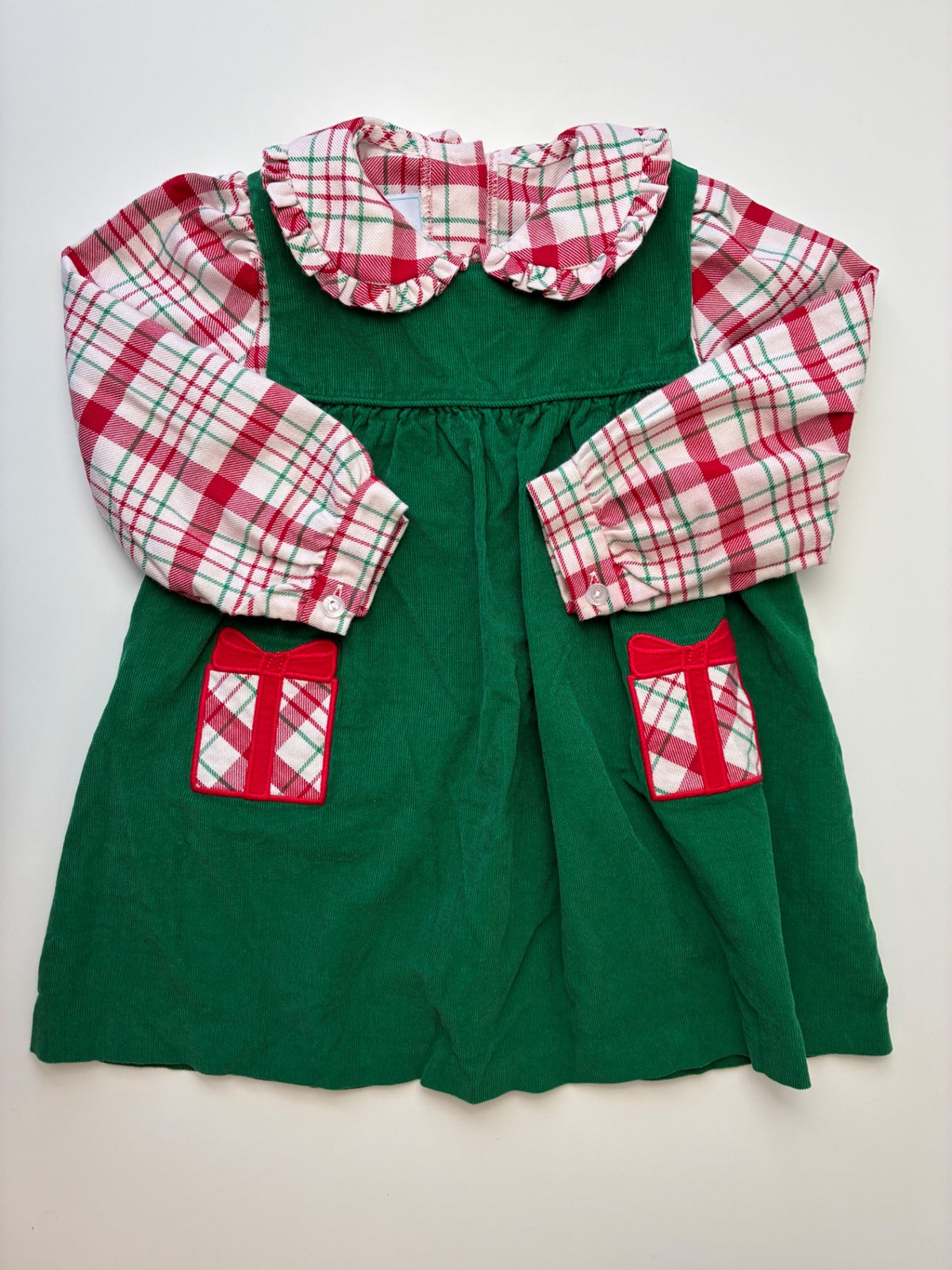 Little English 2 Piece Ensemble - Green Corduroy Pinafore + Plaid Long Sleeve | size 2T