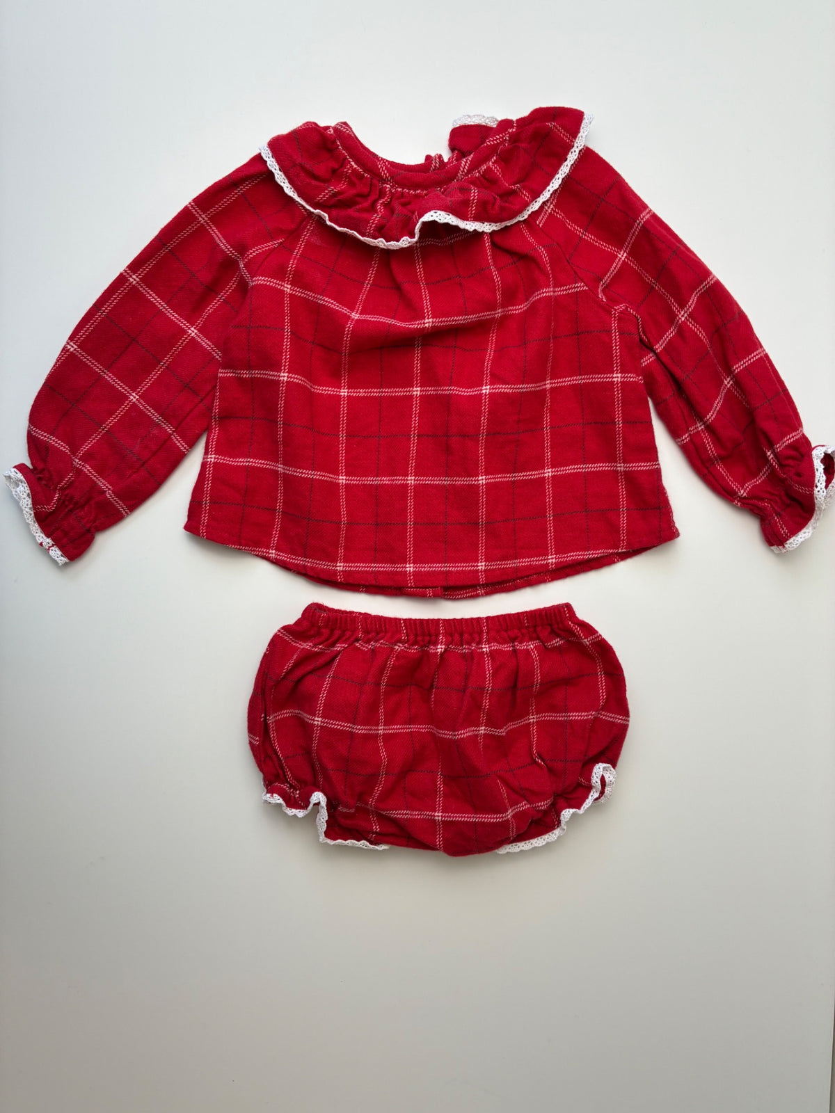 Bella Bliss 2 Piece Ensemble - Red 100% Cotton Plaid Blouse + Bloomers | size 6 Months