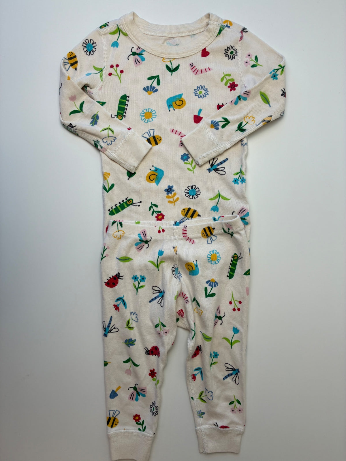 Moon and Back by Hanna Andersson 2 Piece Ensemble - Cream Bugs + Flowers Long Pajamas | size 18 - 24 Months