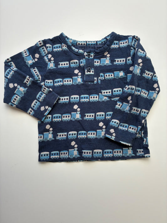 Monica + Andy Long Sleeve T-Shirt - Blue Long Sleeve Henley Train Pattern | size 2T