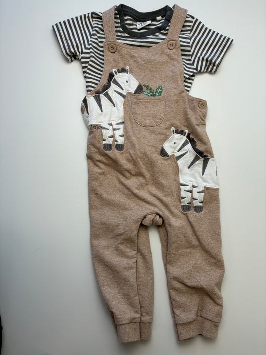 JoJo Maman Bebe 2 Piece Ensemble - Embroidered Zebra Dungarees + T-Shirt Set | size 18 - 24 Months