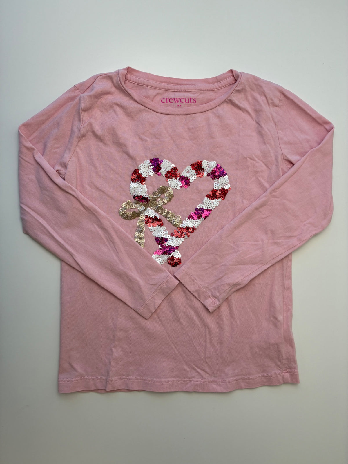 Crewcuts Long Sleeve T-Shirt - Pink Sequin Heart + Bow | size 6/7