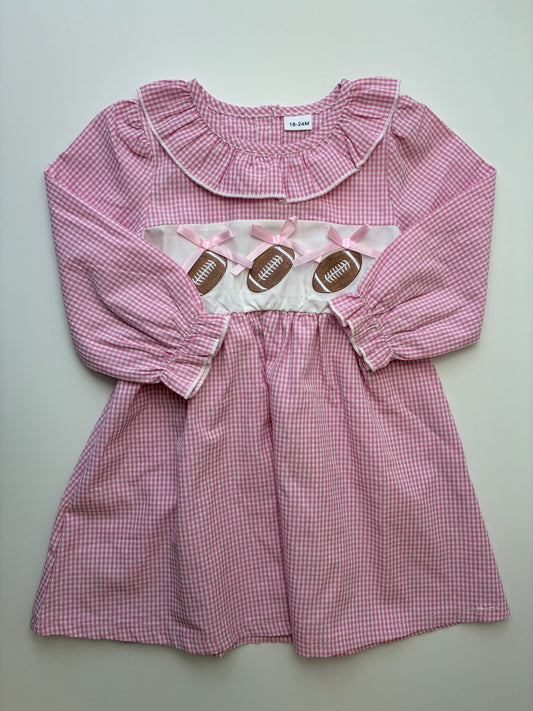 Dandelion Kids Dress - Pink Gingham + Footballs | size 18 - 24 Months