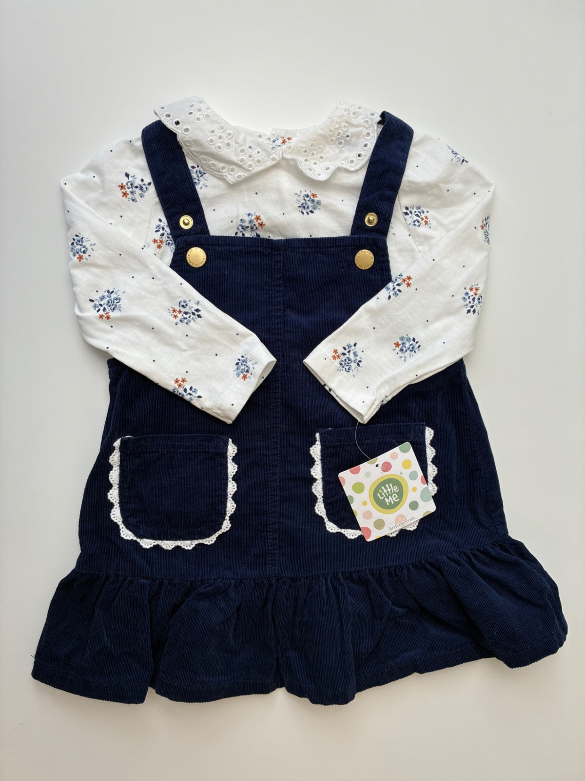 Little Me 2 Piece Ensemble - Navy Blue Floral Long Sleeve + Corduroy Dress | size 18 Months