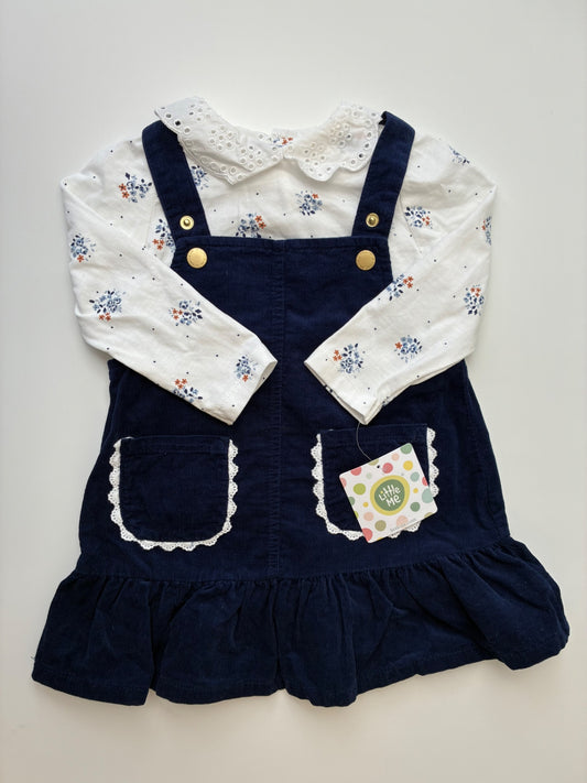 Little Me 2 Piece Ensemble - Navy Blue Floral Long Sleeve + Corduroy Dress | size 18 Months
