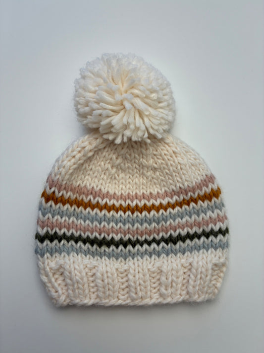 The Blueberry Hill Hat - Cream Striped Pom Pom Beanie | size 6 - 24 Months