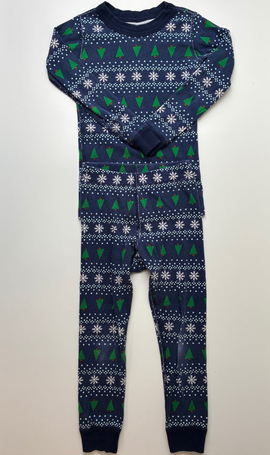 Hanna Andersson 2 Piece Ensemble - Navy Blue Snowflake + Tree Long Sleeve Pajamas | size 5T