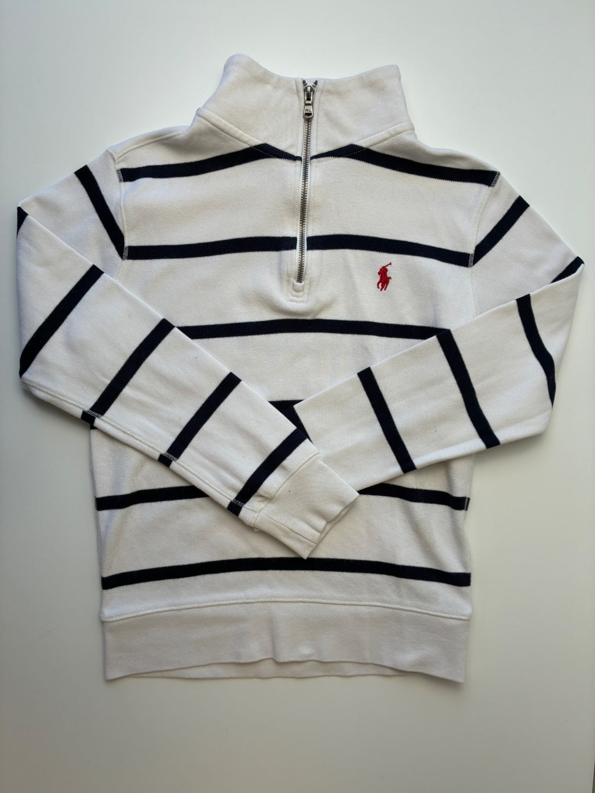 Polo Ralph Lauren Sweatshirt - White 100% Cotton Striped 1/4 Zip | size 8