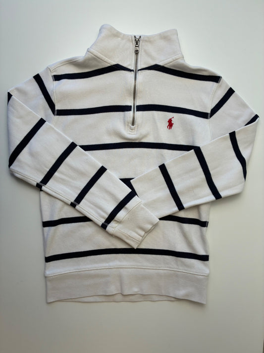 Polo Ralph Lauren Sweatshirt - White 100% Cotton Striped 1/4 Zip | size 8
